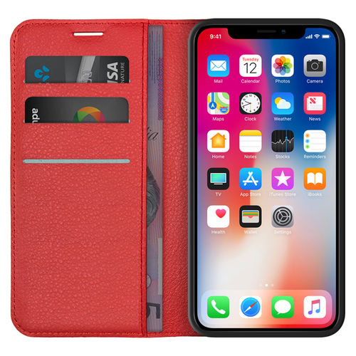 Leather Wallet Case & Card Holder Pouch for Apple iPhone X / Xs - Red
